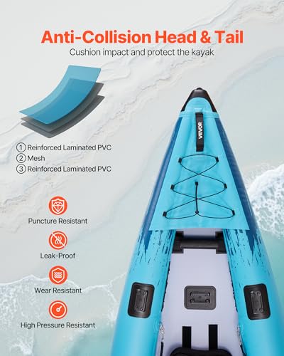 VEVOR 2-Person Inflatable Kayak, 14'4" x 3'7" – Extra Spacious for Family & Dogs, 700-lb Capacity Sit-in Kayak with Accessories, Includes 2 Paddles, Pump & Carry Bag – Perfect for Fishing and Touring