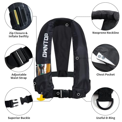 Owntop Automatic/Manual Inflatable Vest, Manual Convertible Option, Low Profile, Zipper Closure, Inflatable Fishing Jacket for Kayaking, Boating and Fishing, 24g CO2 Cylinder Included