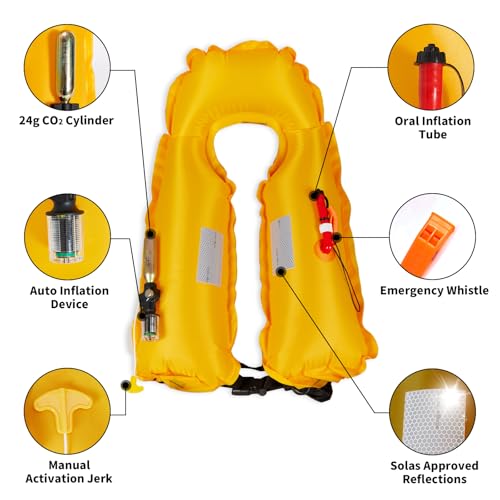 Owntop Automatic/Manual Inflatable Vest, Manual Convertible Option, Low Profile, Zipper Closure, Inflatable Fishing Jacket for Kayaking, Boating and Fishing, 24g CO2 Cylinder Included