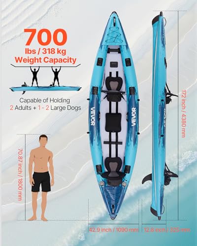 VEVOR 2-Person Inflatable Kayak, 14'4" x 3'7" – Extra Spacious for Family & Dogs, 700-lb Capacity Sit-in Kayak with Accessories, Includes 2 Paddles, Pump & Carry Bag – Perfect for Fishing and Touring