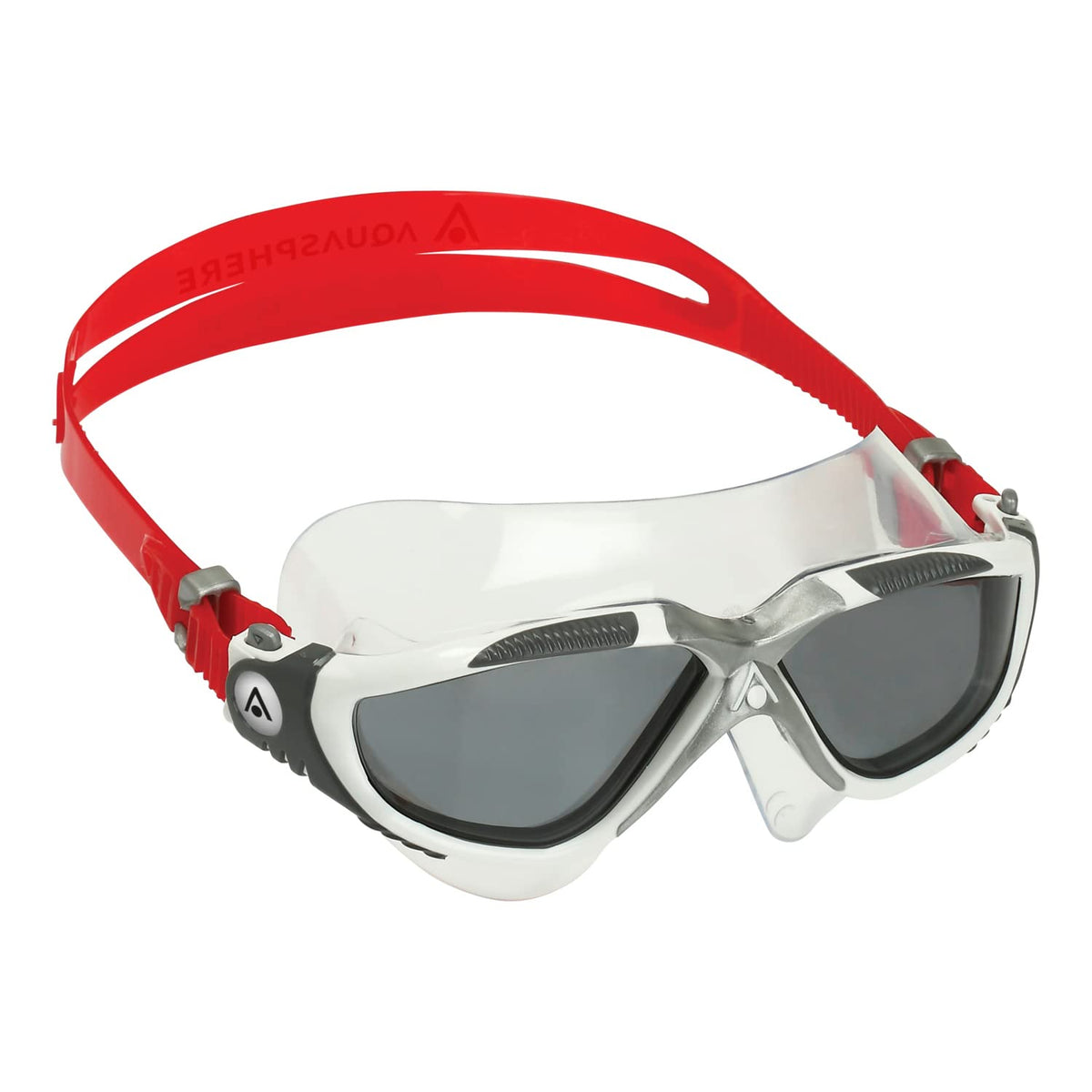 Aqua Sphere Vista Adult Unisex Swim Goggles - OneTouch Custom Fit, Wide Peripheral Vision - Durable Mask for Active Open Water Swimmers - Smoke Lens, White/Red Frame