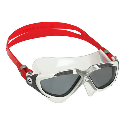 Aqua Sphere Vista Adult Unisex Swim Goggles - OneTouch Custom Fit, Wide Peripheral Vision - Durable Mask for Active Open Water Swimmers - Smoke Lens, White/Red Frame