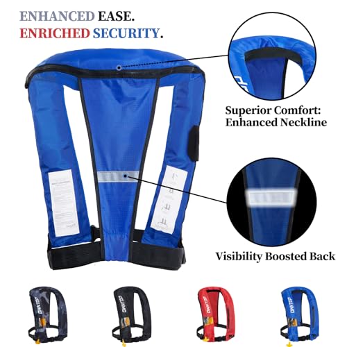 Owntop Automatic/Manual Inflatable Vest, Manual Convertible Option, Low Profile, Zipper Closure, Inflatable Fishing Jacket for Kayaking, Boating and Fishing, 24g CO2 Cylinder Included