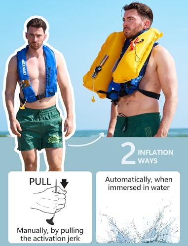 Owntop Automatic/Manual Inflatable Vest, Manual Convertible Option, Low Profile, Zipper Closure, Inflatable Fishing Jacket for Kayaking, Boating and Fishing, 24g CO2 Cylinder Included