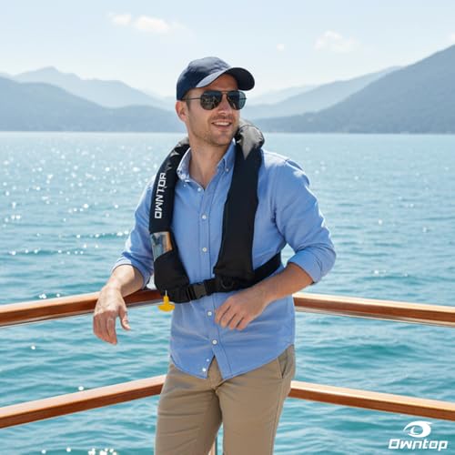 Owntop Automatic/Manual Inflatable Vest, Manual Convertible Option, Low Profile, Zipper Closure, Inflatable Fishing Jacket for Kayaking, Boating and Fishing, 24g CO2 Cylinder Included
