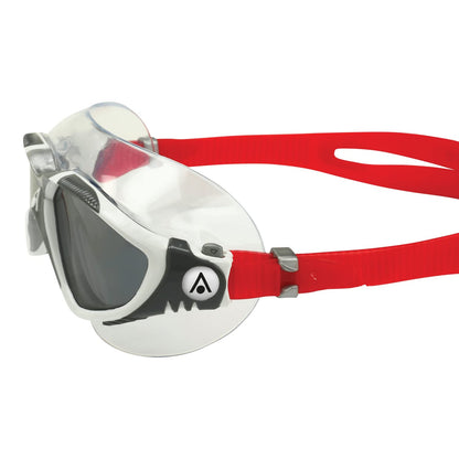 Aqua Sphere Vista Adult Unisex Swim Goggles - OneTouch Custom Fit, Wide Peripheral Vision - Durable Mask for Active Open Water Swimmers - Smoke Lens, White/Red Frame