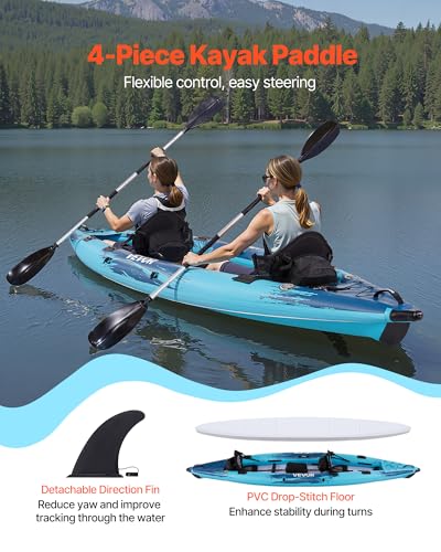 VEVOR 2-Person Inflatable Kayak, 14'4" x 3'7" – Extra Spacious for Family & Dogs, 700-lb Capacity Sit-in Kayak with Accessories, Includes 2 Paddles, Pump & Carry Bag – Perfect for Fishing and Touring