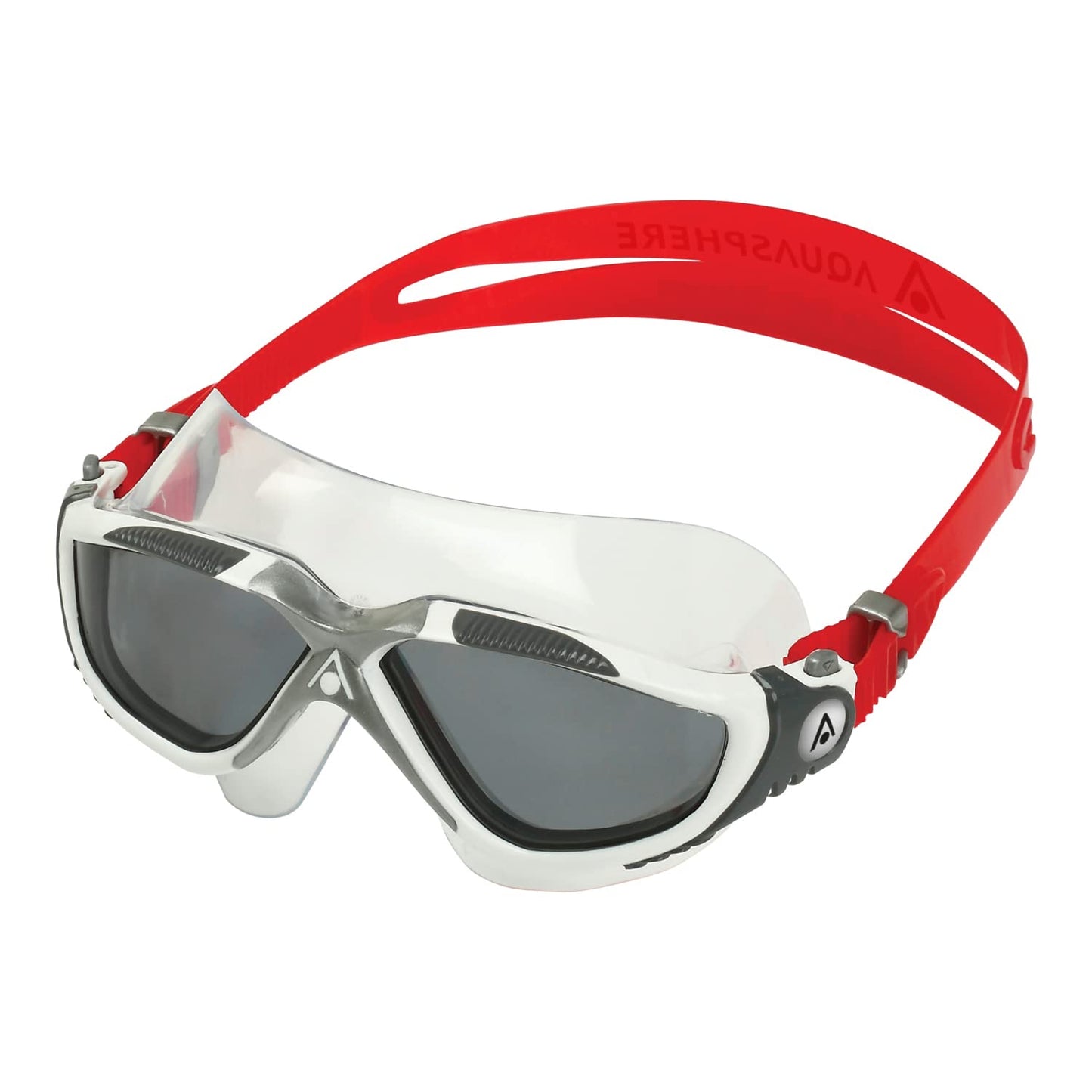 Aqua Sphere Vista Adult Unisex Swim Goggles - OneTouch Custom Fit, Wide Peripheral Vision - Durable Mask for Active Open Water Swimmers - Smoke Lens, White/Red Frame