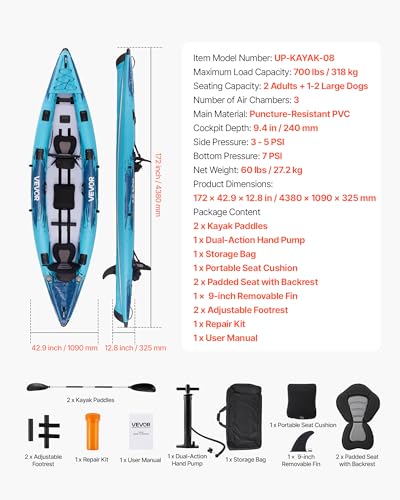 VEVOR 2-Person Inflatable Kayak, 14'4" x 3'7" – Extra Spacious for Family & Dogs, 700-lb Capacity Sit-in Kayak with Accessories, Includes 2 Paddles, Pump & Carry Bag – Perfect for Fishing and Touring