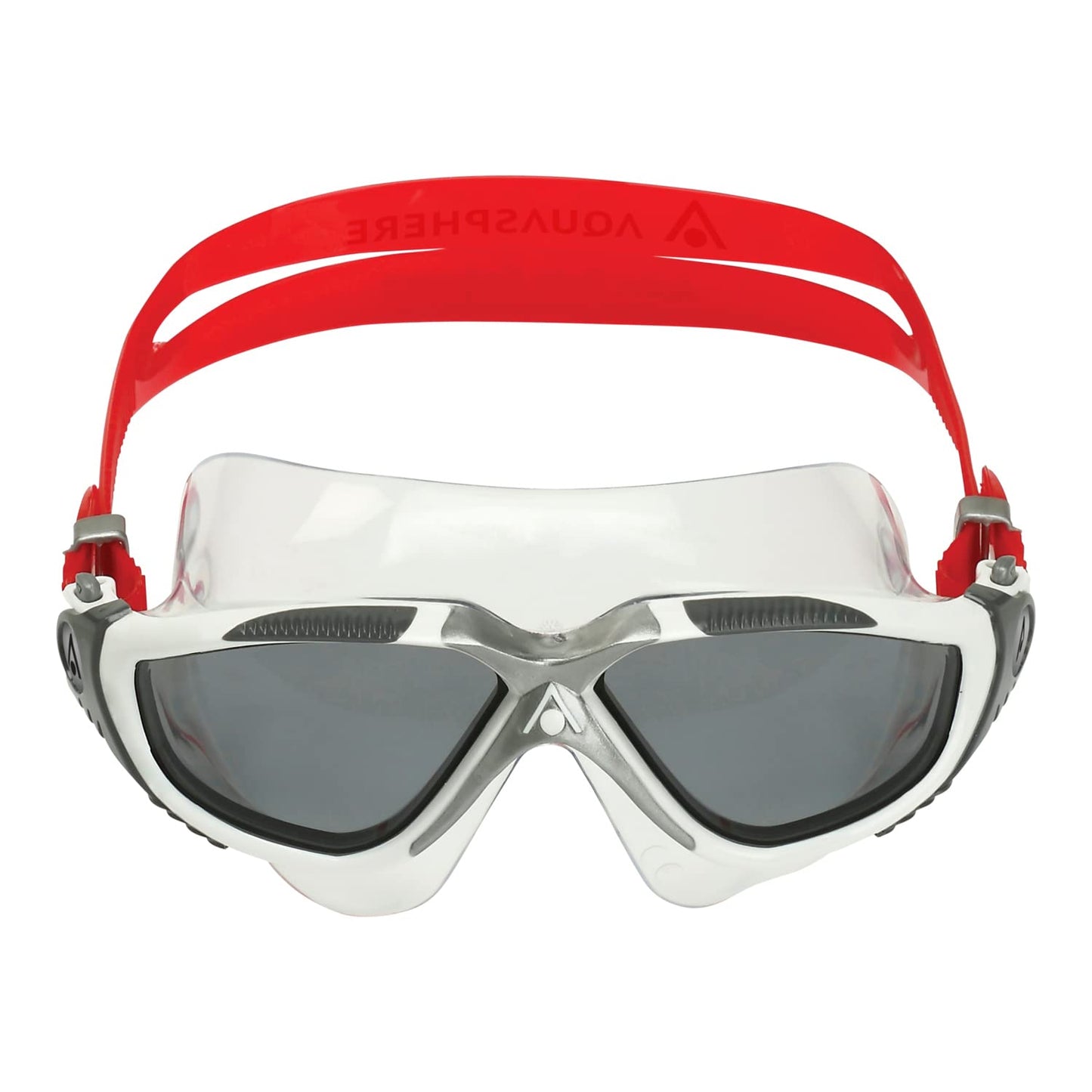 Aqua Sphere Vista Adult Unisex Swim Goggles - OneTouch Custom Fit, Wide Peripheral Vision - Durable Mask for Active Open Water Swimmers - Smoke Lens, White/Red Frame