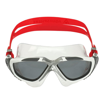 Aqua Sphere Vista Adult Unisex Swim Goggles - OneTouch Custom Fit, Wide Peripheral Vision - Durable Mask for Active Open Water Swimmers - Smoke Lens, White/Red Frame