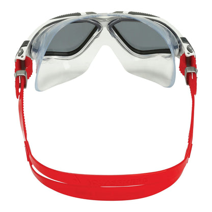 Aqua Sphere Vista Adult Unisex Swim Goggles - OneTouch Custom Fit, Wide Peripheral Vision - Durable Mask for Active Open Water Swimmers - Smoke Lens, White/Red Frame