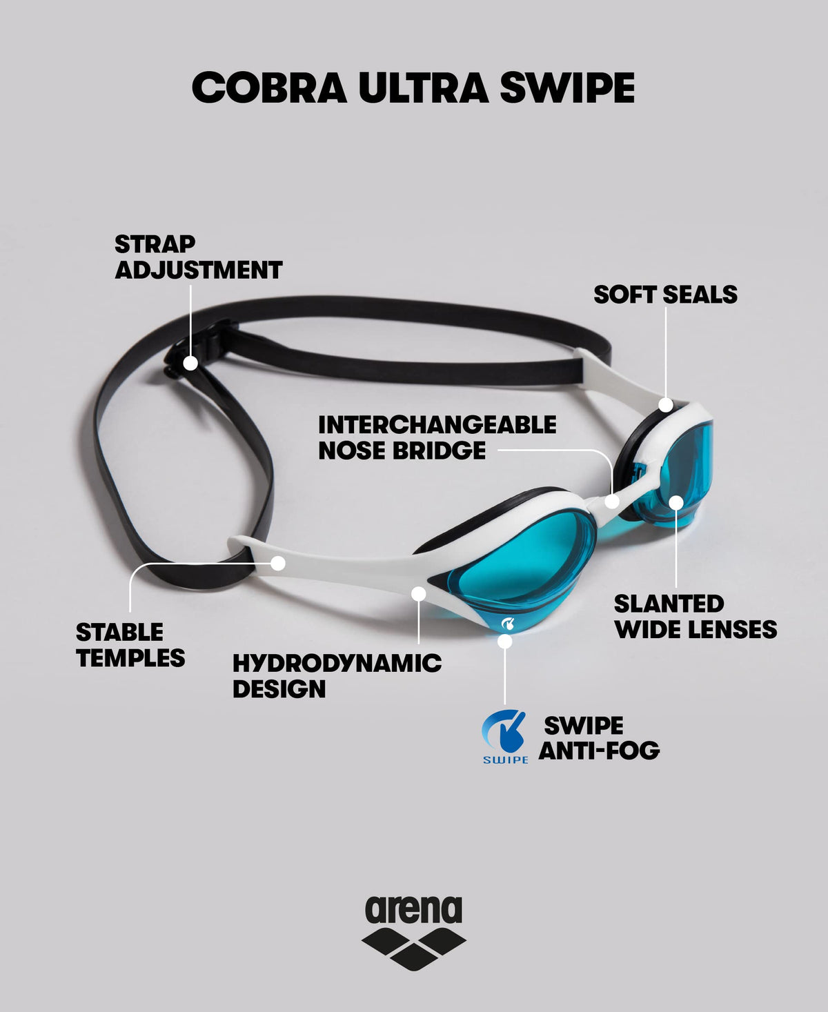 ARENA Unisex Cobra Ultra Swipe Racing Swim Goggles Anti-fog Technology Polycarbonate Hard Lens