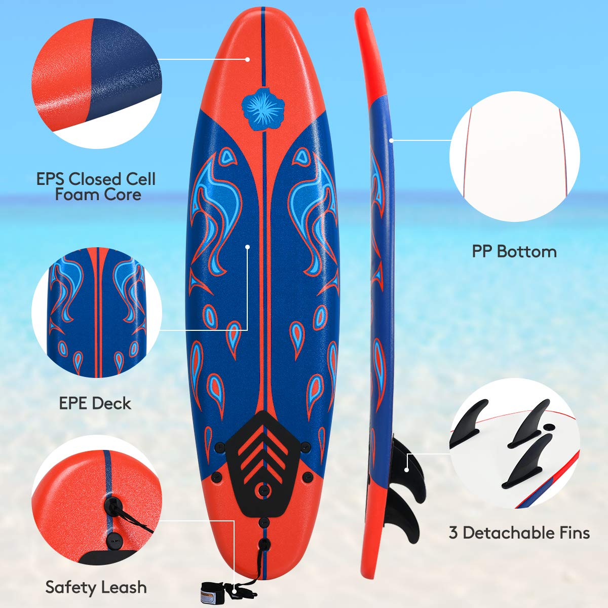Foam Surfboard – 6 FT Beginner Board with Fins