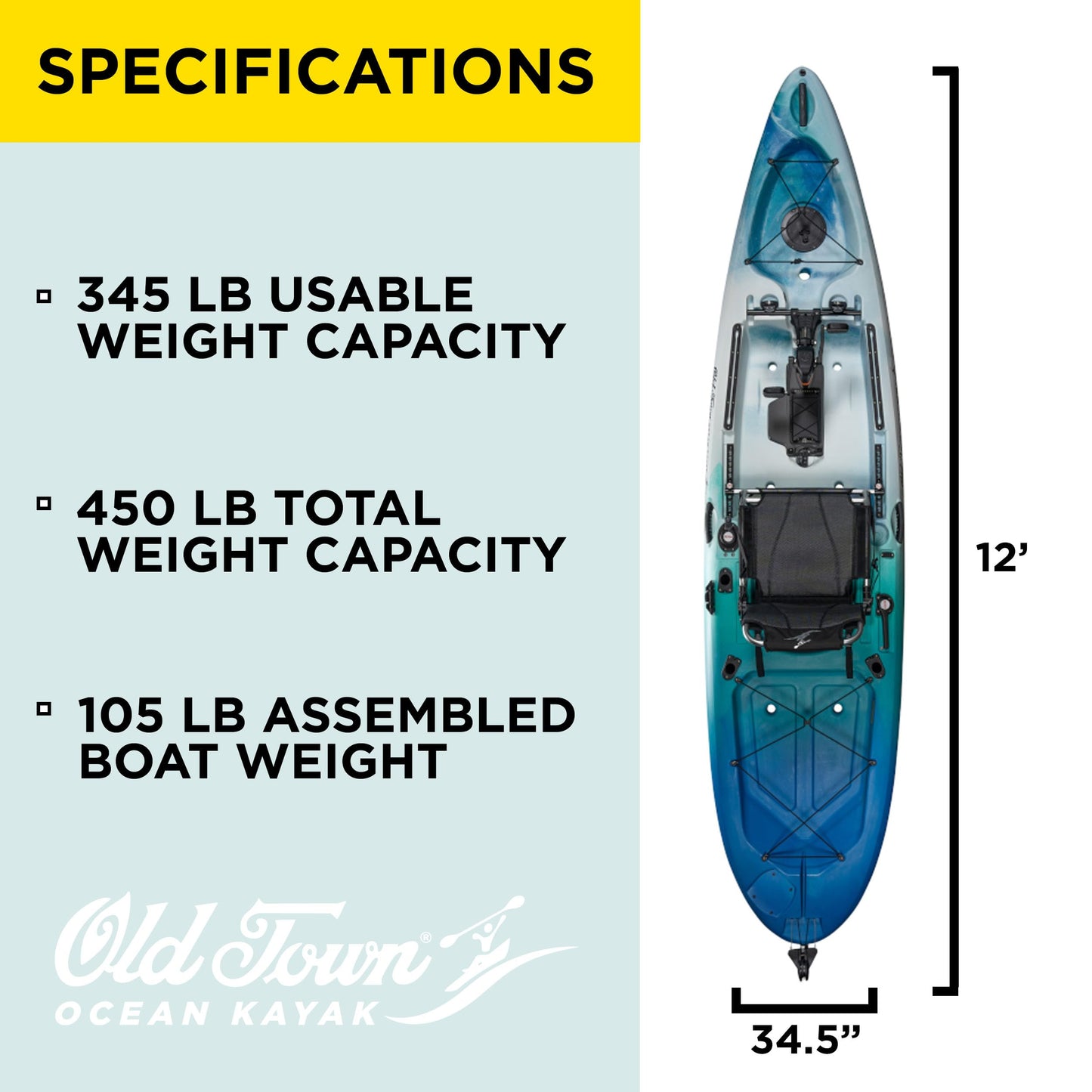 Old Town Ocean Kayak Malibu Pedal Solo Sit-on-Top Recreational Pedal Kayak, 12 ft