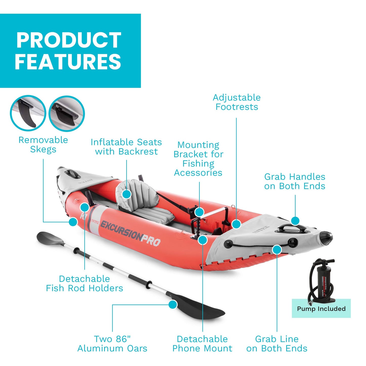 Intex Excursion Pro Inflatable Kayak Set: Includes Deluxe 86in Kayak Paddles and High-Output Pump – SuperTough PVC – Adjustable Bucket Seat
