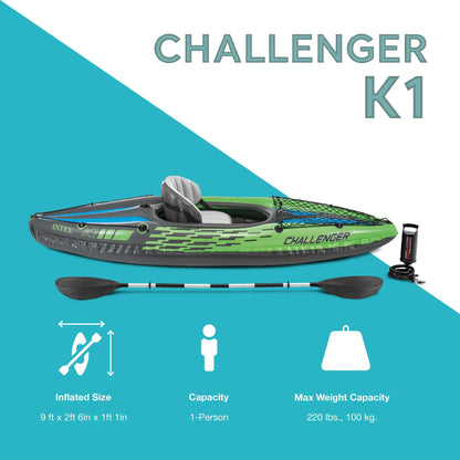 INTEX Challenger Inflatable Kayak Series: Includes Deluxe 86in Kayak Paddles and High-Output Pump – SuperStrong PVC – Adjustable Seat with Backrest – Removable Skeg – Cargo Storage Net