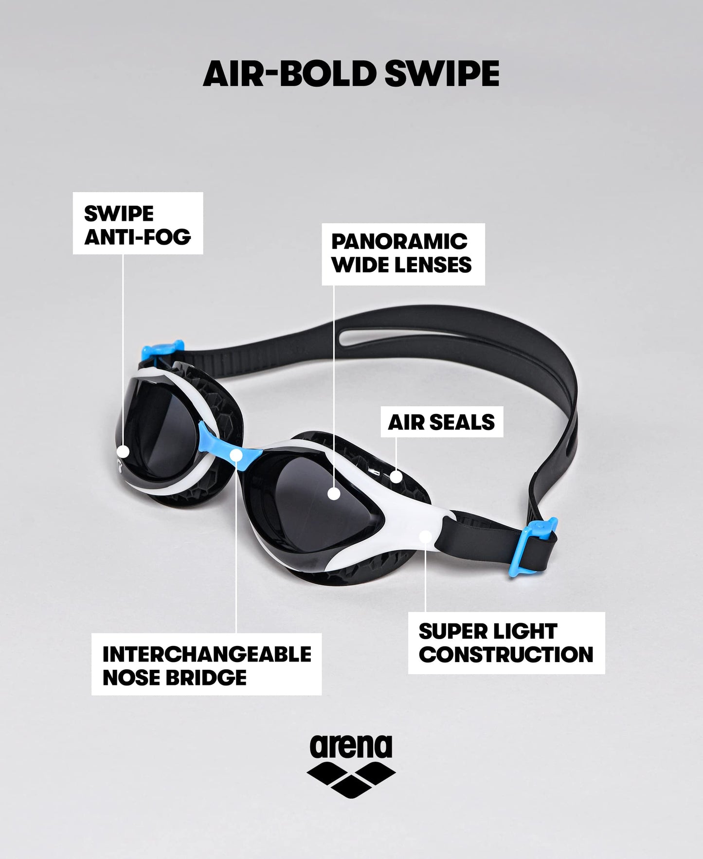 ARENA Unisex Adult Air-Bold Swipe Anti-Fog Training Swim Goggles Men and Women Cushioned Seals Large Fit Wide Lenses