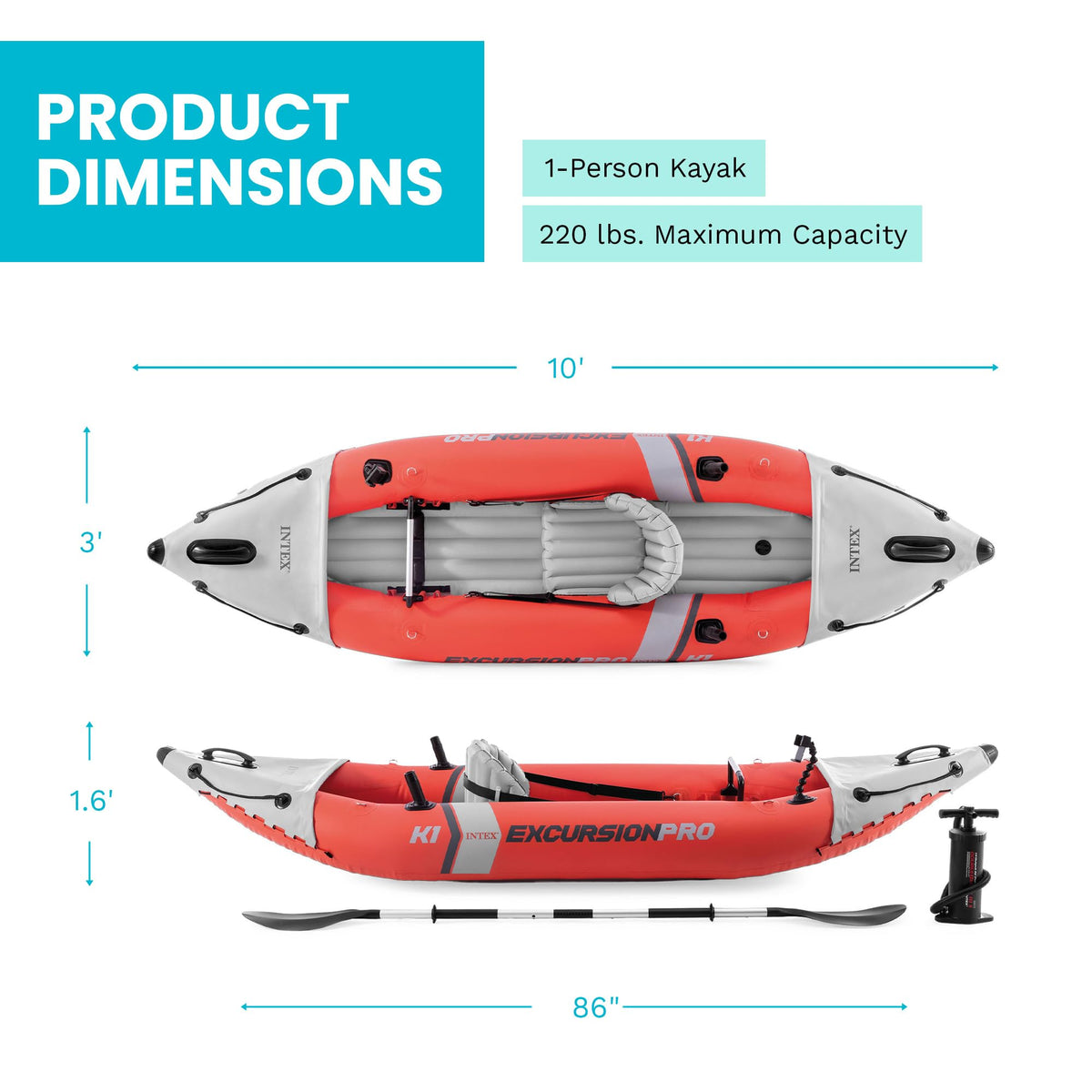 Intex Excursion Pro Inflatable Kayak Set: Includes Deluxe 86in Kayak Paddles and High-Output Pump – SuperTough PVC – Adjustable Bucket Seat