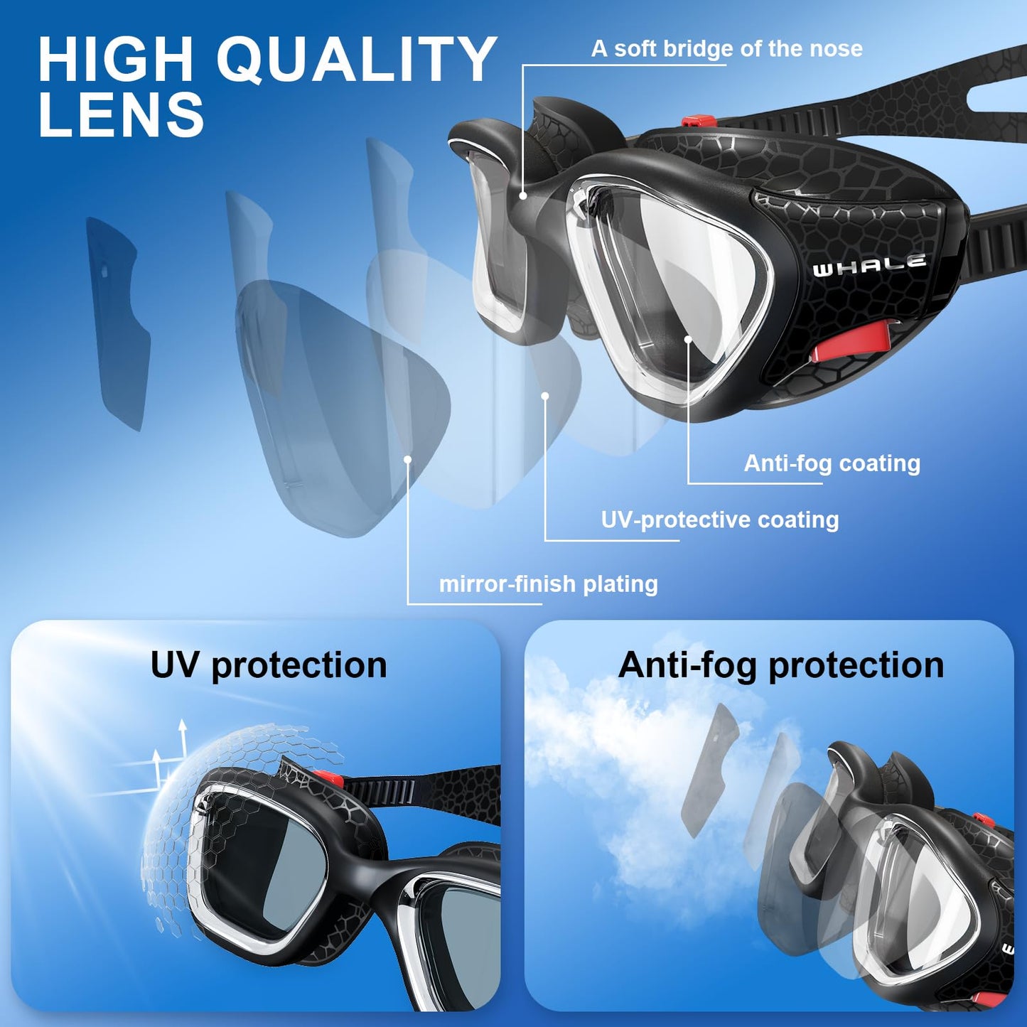 Whale Swim Goggles, HD Anti-Fog Goggles, Unisex | 100% UV Protection | Anti-Fog Design Clear Wide-Angle Underwater View