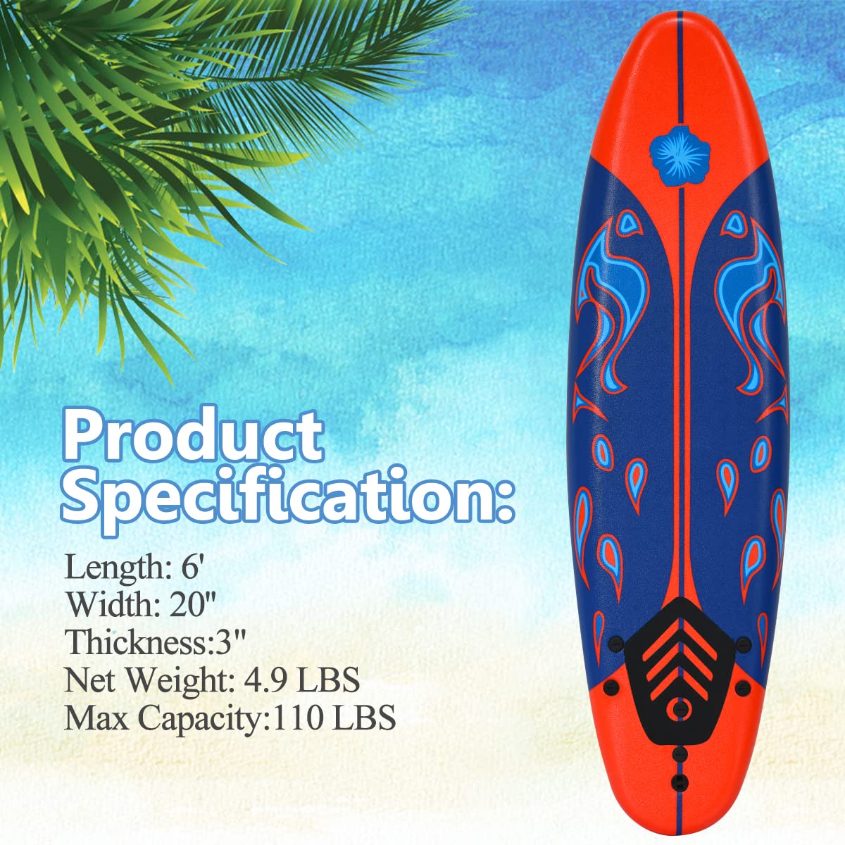 Foam Surfboard – 6 FT Beginner Board with Fins