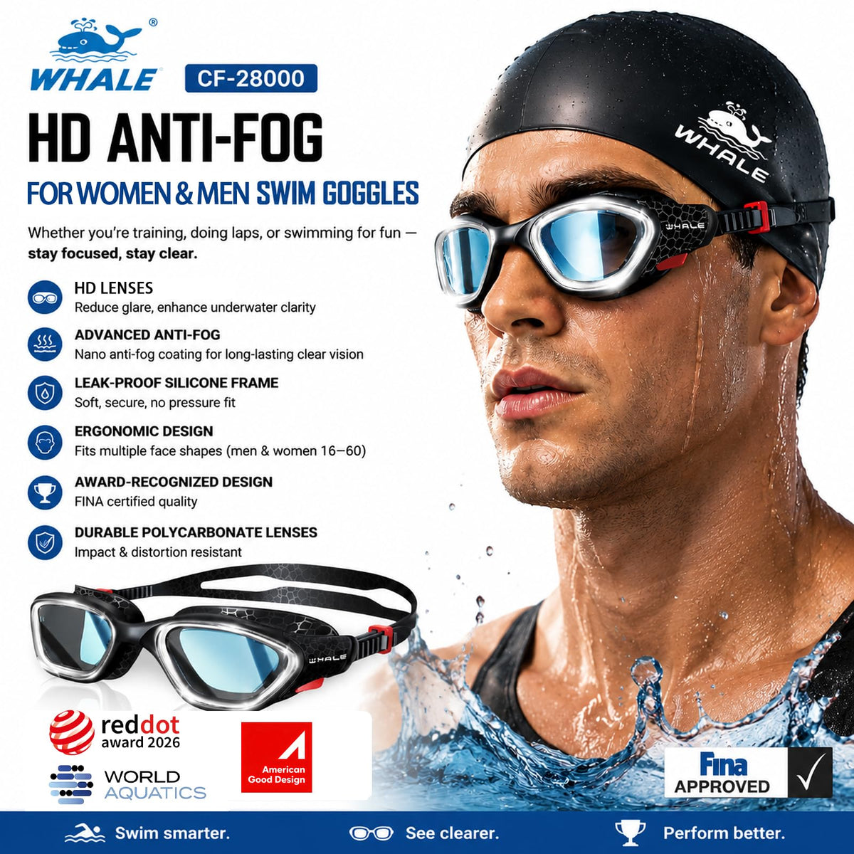Whale Swim Goggles, HD Anti-Fog Goggles, Unisex | 100% UV Protection | Anti-Fog Design Clear Wide-Angle Underwater View