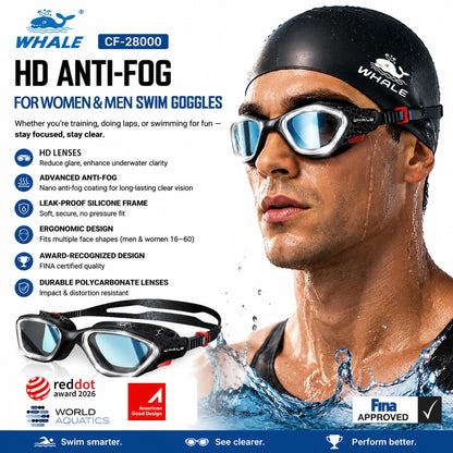Whale Swim Goggles, HD Anti-Fog Goggles, Unisex | 100% UV Protection | Anti-Fog Design Clear Wide-Angle Underwater View