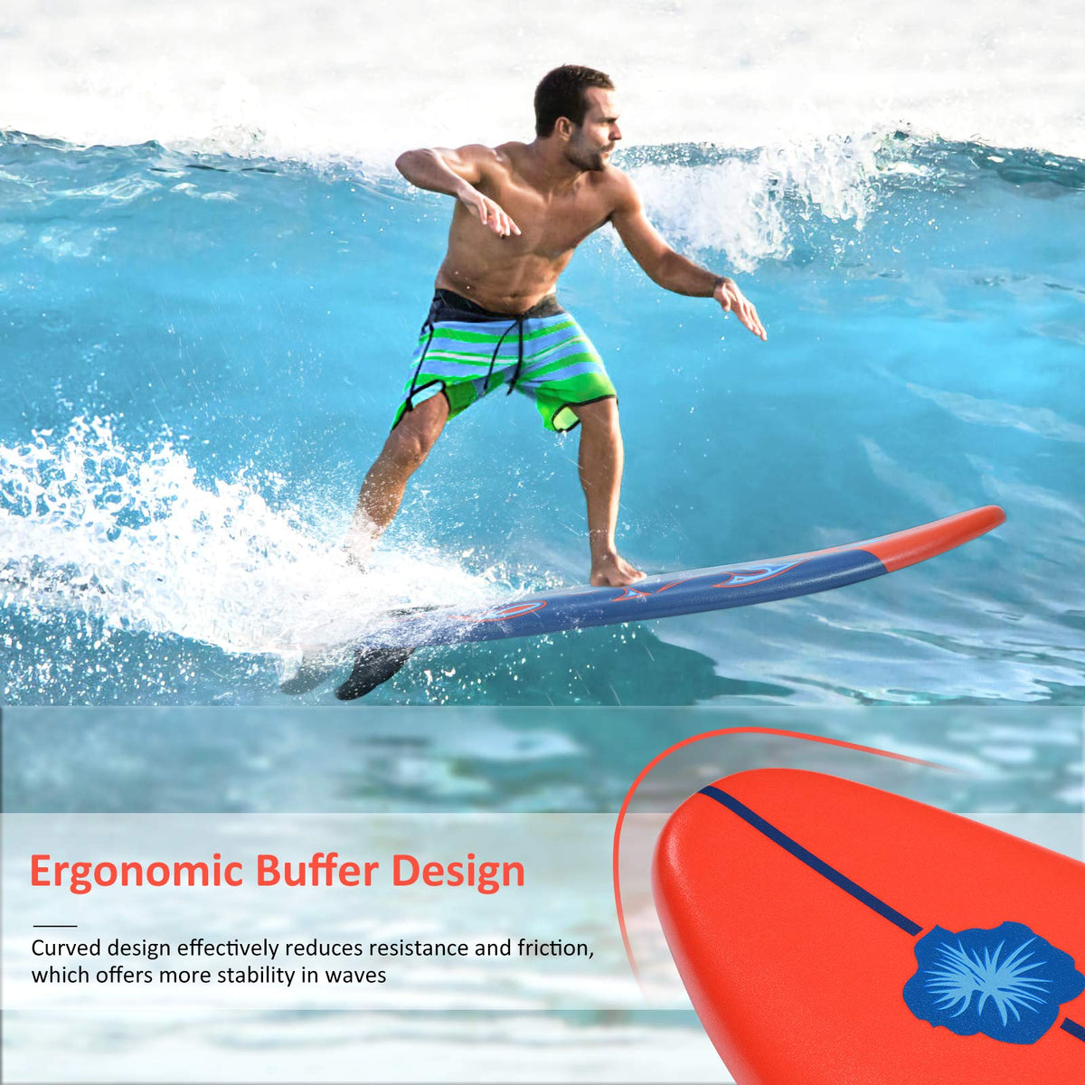 KOTEK 6' Surfboard, Surfing Board with 3 Removable Fins, Safety Leash, EPS Core & EPE Deck, Lightweight Surf Board for Teenagers, Adults, Beginners