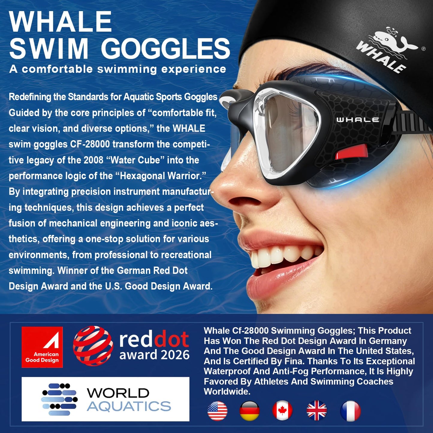 Whale Swim Goggles, HD Anti-Fog Goggles, Unisex | 100% UV Protection | Anti-Fog Design Clear Wide-Angle Underwater View