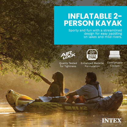 Intex 68307EP Explorer K2 Inflatable Kayak Set: Includes Deluxe 86in Aluminum Oars and High-Output Pump – SuperStrong PVC – Adjustable Seats with Backrest – 400lb Weight Capacity