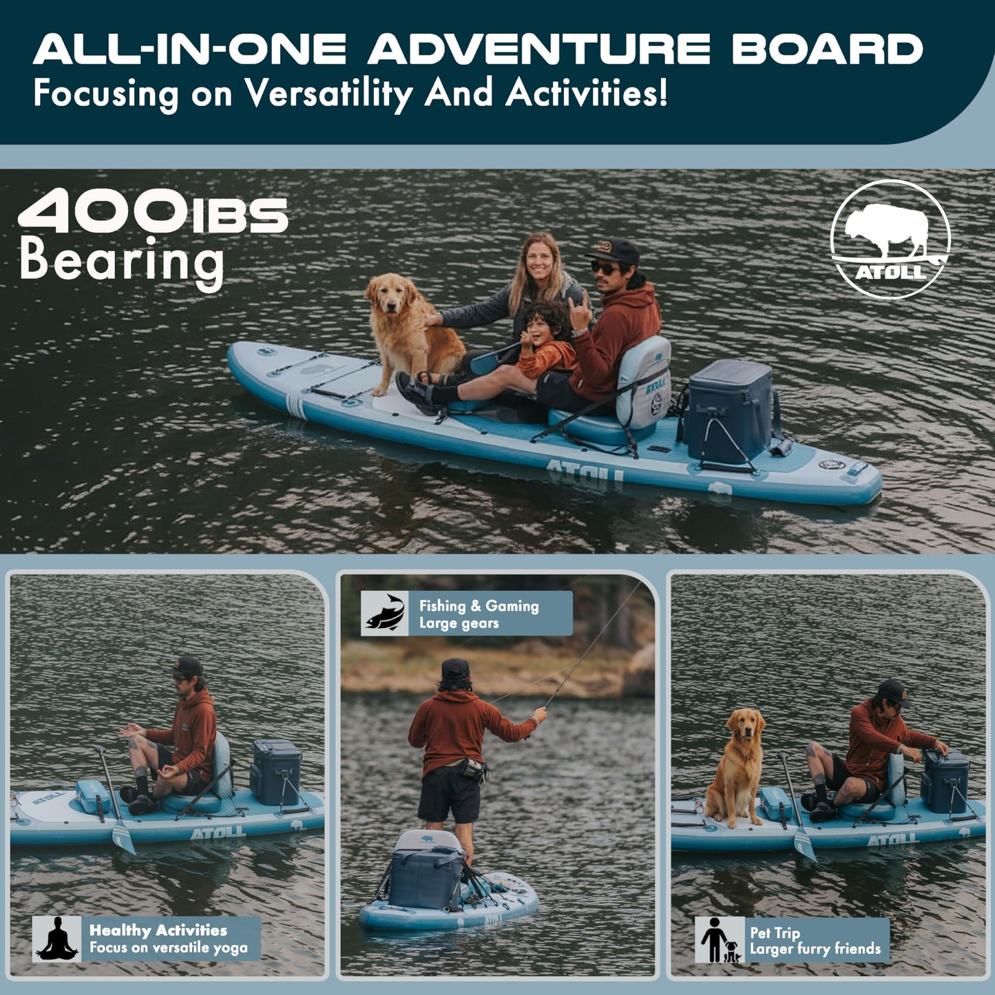 Atoll New 12ft Outrider Inflatable Stand Up Paddle Board | Extra Wide ISUP for Adults, Fishing, Touring & All Adventures | Stable 34" Paddle Board with Accessories, Dual Layer PVC, 400lb Capacity